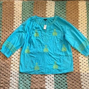 Talbots Turquoise Blouse with Lime Accents